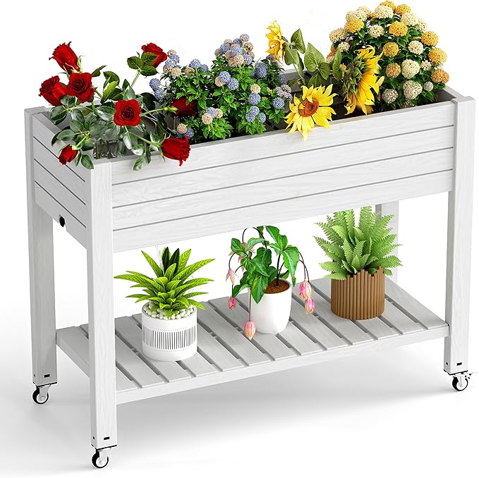 EasyUp Elevated Horticulture Raised Garden Bed with Legs, Divisible Raised Resin Planter Box for Backyard, Patio, Balcony, with 4 Legs, 4 Swivel Lockable Wheels, and Storage Shelf,Ashen