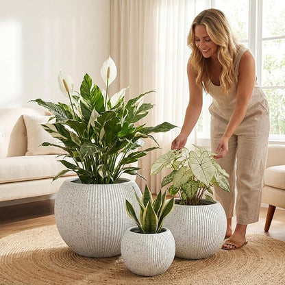 DTY Mount Sherman 12.6" D x 10'' H (Pot Opening 8.5") Fiberstone Round Planter with Drainage Hole, Smooth Finishes, Weather Resistant for Indoor and Outdoor, 2 Extra Coco Mats - White Ribbed,Small