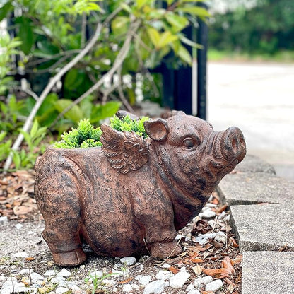 Zeckos Whimsical Flying Pig Planter with Drain Hole – 17 Inch Brown Magnesium Oxide Animal Planter for Succulents, Flowers, Indoor Outdoor Rustic Farmhouse Decor – Weather-Resistant Pig Garden Pot