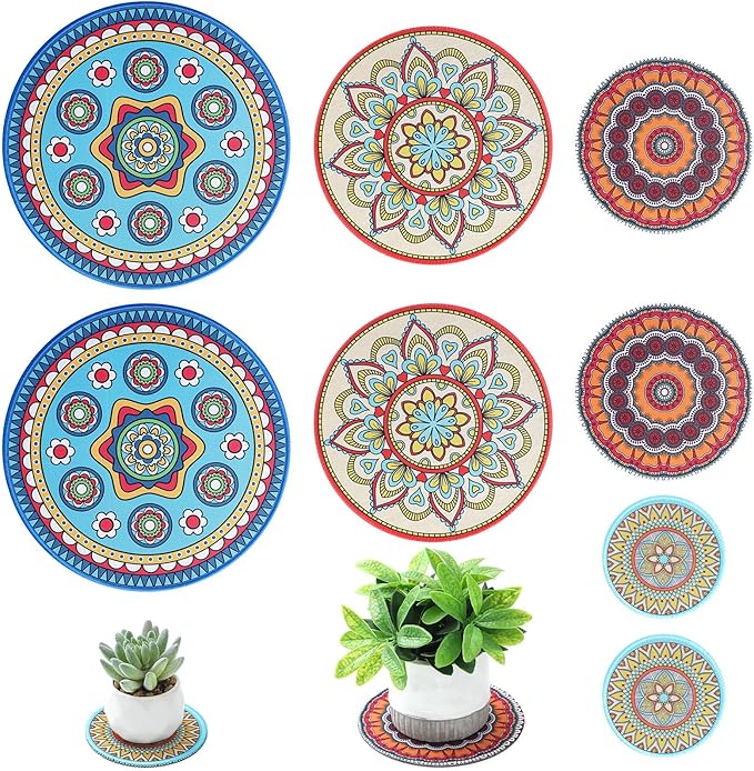 Nuanchu 8 Pieces Boho Plant Pot Mat 4 Size 3.94" 5.9" 7.87" 9.84" Rubber Absorbent Non Slip Pot House Indoor Plant Coasters Round Pad Gardening Outdoor Flower Protect Mat for Table Desk Floor