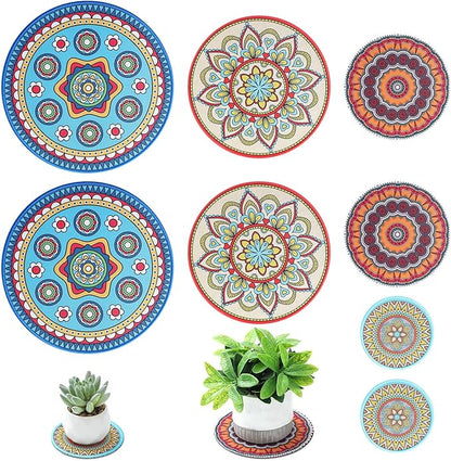 Nuanchu 8 Pieces Boho Plant Pot Mat 4 Size 3.94" 5.9" 7.87" 9.84" Rubber Absorbent Non Slip Pot House Indoor Plant Coasters Round Pad Gardening Outdoor Flower Protect Mat for Table Desk Floor
