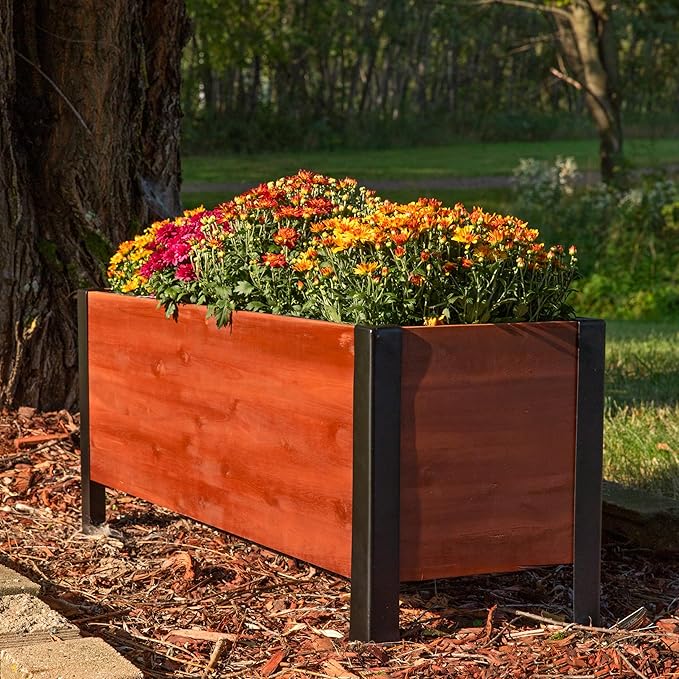 Sunnydaze Acacia Wood Rectangular Planter Box - 14.75" H Wooden Raised Garden Bed with Removable Polyethylene Planter Bag - Brown