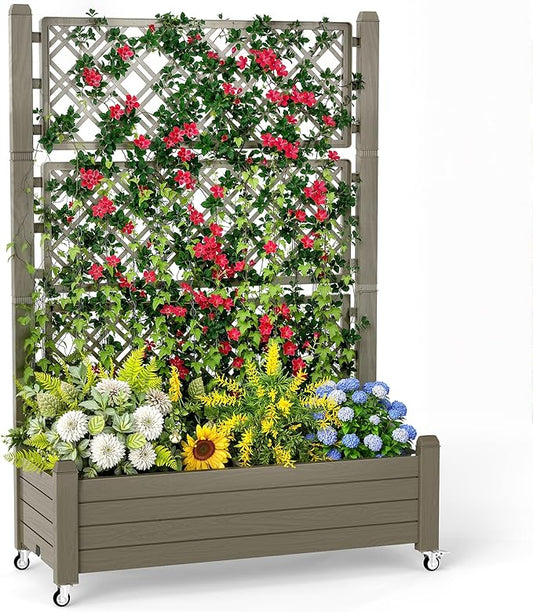 Elevated Raised Garden Bed with Trellis,Outdoor Large Resin Patio Planter Box with Lockable Wheels Drain Plug,Water Monitor for Plants Vegetables Flowers Fruits (Grey, 43.43 * 18.27 * 64.29)