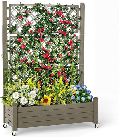 Raised Garden Bed with Trellis, 21 Gallon Self Watering Planter Box with Lockable Wheels & Drainage Holes for Climbing Plants Vegetables Flowers, Anti-Rust Resin for Backyard Patio (Grey)