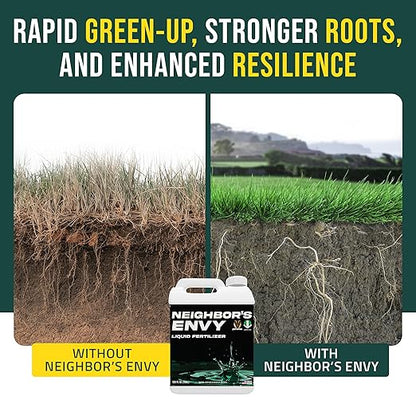 PetraMax Neighbor’s Envy Grass Fertilizer for Lawn & Garden, 2 Gallon Covers up to 32,000 sq.ft. 7-in-1 Liquid Lawn Fertilizer Concentrate for Deep Green Turf - Includes Nitrogen/Iron/Humic/Sea Kelp