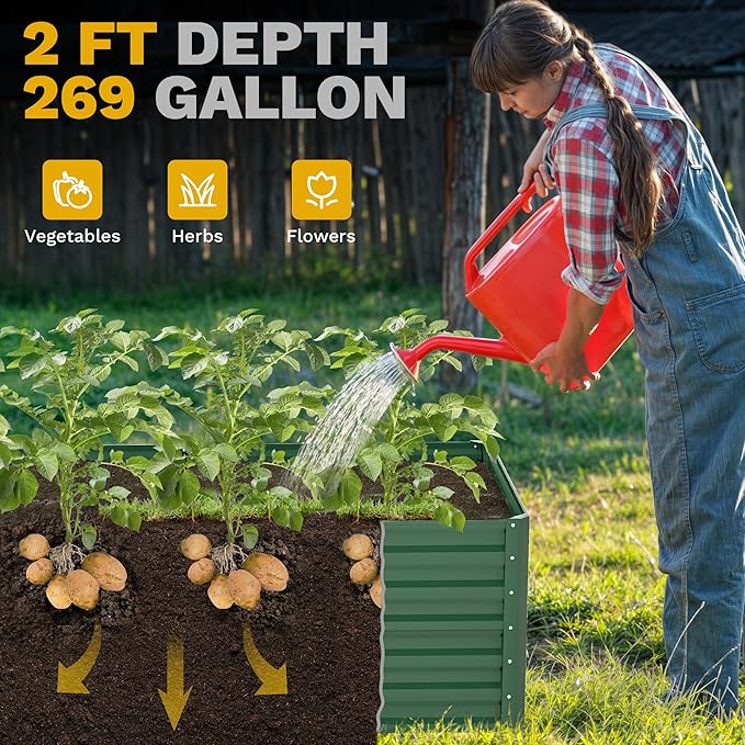 DWVO 2pcs 6 x 3 x 1 FT Raised Garden Bed Kit, Outdoor Galvanized Flower Bed with Gloves, Large Metal Planter Box for Vegetables, Flowers, Herbs, Fruits, Green