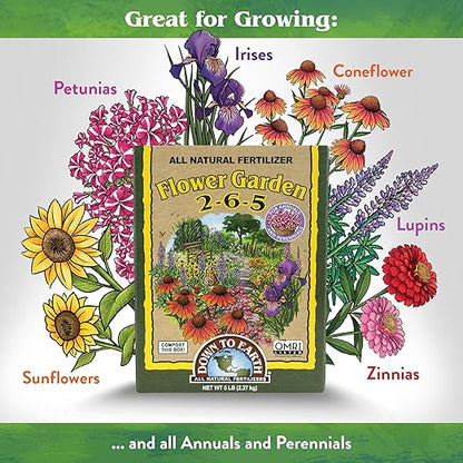 Down To Earth All Natural Fertilizers Organic Flower Garden - Plant Food for Blooming Annuals, Perennials and Flowering Shrubs 2-6-5, 5 lb
