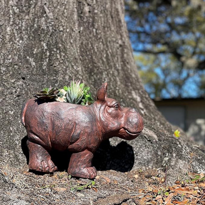 Zeckos Charming Brown Hippo MGO Planter with Drain Hole, 17 inches - Durable Weatherproof Magnesium Oxide for Garden or Patio Decor - Whimsical Animal Theme Planter, Perfect for Indoor/Outdoor Use