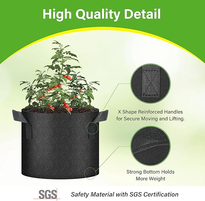 HealSmart 6-Pack 5 Gallon Nonwoven Grow Bags, Aeration Fabric Pots with Handles, Suitable for Garden Fruits, Vegetables and Flowers, Black