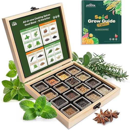 LUSH&DEW Culinary Herbs Kitchen Garden Seed Bank, Gardening Gifts for Women Men, 16 Varieties Non-GMO Heirloom Seeds for Planting Herb in Raised Garden Beds Windowsill, Survival Kit for Cooking Spices