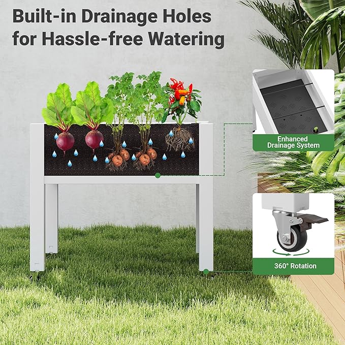 Raised Garden Bed with Wheels - Outdoor Mobile Elevated Resin Planter Box with Drainage Holes for Vegetables Flower Herbs (1 Pack, White)