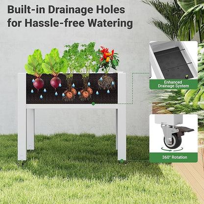 Raised Garden Bed with Wheels - Outdoor Mobile Elevated Resin Planter Box with Drainage Holes for Vegetables Flower Herbs (1 Pack, White)