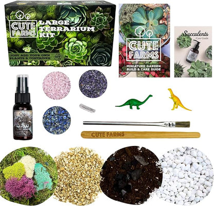 Cute Farms Terrarium Starter Kit | Moss, Vermiculite, Soil, Pebbles, Plant Food, & Finishing Tools (Large Kit + Crystals)