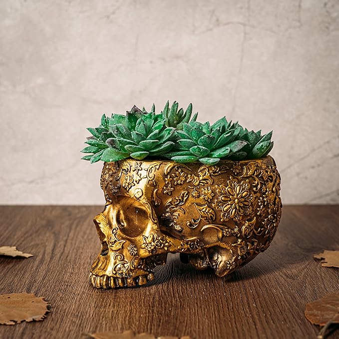 Gold Skull Planter Pot 6 Inch Skeleton Head Pot for Succulents Flowers, & Bowl Dish Gothic Decor for Garden Home Parties Haunted House Spooky Black Display Halloween Skull Flower Pot Decoration Gift