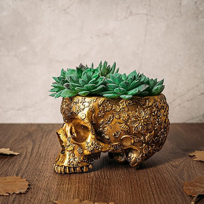 Gold Skull Planter Pot 6 Inch Skeleton Head Pot for Succulents Flowers, & Bowl Dish Gothic Decor for Garden Home Parties Haunted House Spooky Black Display Halloween Skull Flower Pot Decoration Gift