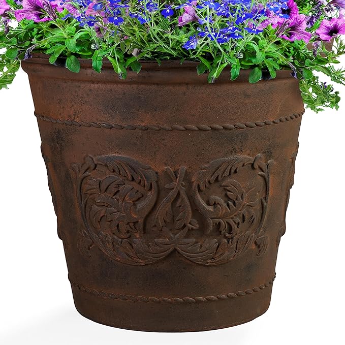 Sunnydaze 19.5-Inch Arabella Large Plastic Pot for Plants - Outdoor Double-Walled Polyresin Large Plastic Planter with Drillable Drainage Holes - Rust