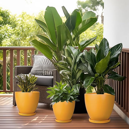 10 Inch Plant Pot - Ceramic Planter with Drainage Hole and Saucer, Modern Flower Pot, Round Planters for Indoor Plants, Home Patio Bathroom Porch Garden Living Room Decor, Orange