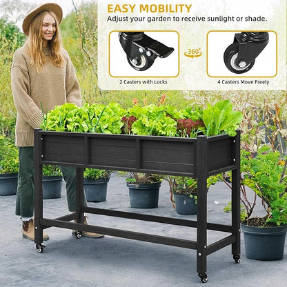 DWVO 47x18x31in Raised Garden Bed HDPE, Weather-Resistant Poly Wood Planter Box Stand, Planter Box with Legs & Lockable Wheels, Elevated Garden Bed for Backyard Patio Balcony - Black