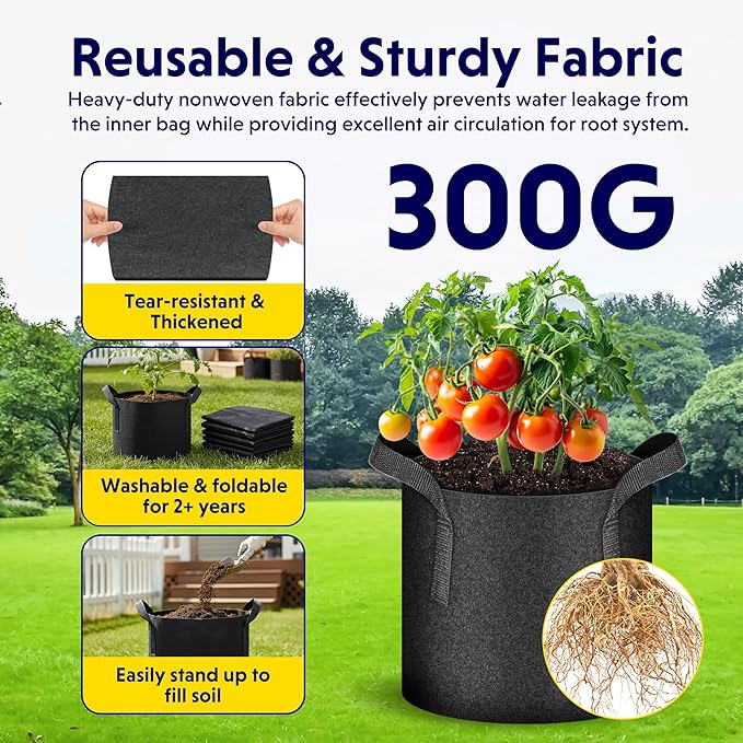 iPower 5 Gallon 5 Pack Grow Bags Nonwoven Fabric Pots Aeration Container with Strap Handles for Garden and Planting, 5-Pack Black, 5 Gallon