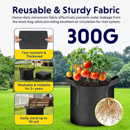 iPower 5 Gallon 5 Pack Grow Bags Nonwoven Fabric Pots Aeration Container with Strap Handles for Garden and Planting, 5-Pack Black, 5 Gallon