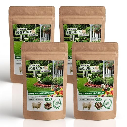 Wool Pellet Organic Fertilizer (4 * 17 oz), Made of Sheep Wool, Water Holding, Enhances Soil Health, Ideal for Fruits, Vegetables, Flowers, Indoor and Outdoor Plants - 4 Pack