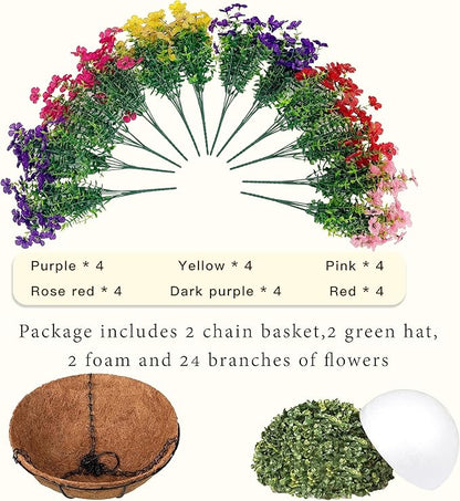 Senjie 2 Set Artificial Hanging Flowers with Basket for Outdoor Decor, UV Resistant 24 Bundles Faux Flowers Fake Hanging Planter for Porch Patio Balcony