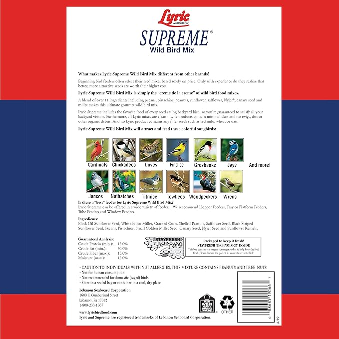 Lyric Supreme Wild Bird Seed for Outside Feeders - Wild Bird Food Mix with Nuts & Sunflower Seeds, Attracts Many Beautiful Songbirds, 40 lb Bag