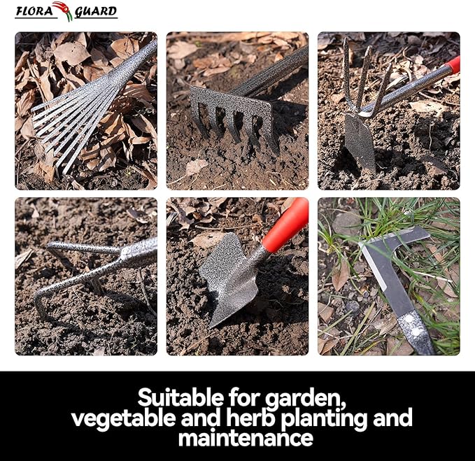 FLORA GUARD Garden Tools Set, 6-Piece Heavy Duty Gardening Hand Tools with Soft Rubber Handle, Includes Trowel, Rake, 2-in-1 Hoe & Crack Weeder, Durable Yard Tools, Essentials Garden Gift Men Women