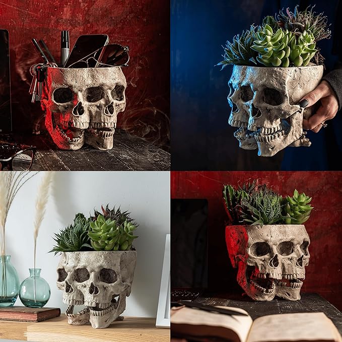 Kobi & Knight Skull Planter Pot for Indoor Plants - Skull Flower Pot in Gift Box - Gothic Planter Pot for Succulents, Brain Cactus Plants - Double Skull Planters for Halloween, Goth Home Decor