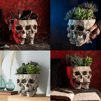 Kobi & Knight Skull Planter Pot for Indoor Plants - Skull Flower Pot in Gift Box - Gothic Planter Pot for Succulents, Brain Cactus Plants - Double Skull Planters for Halloween, Goth Home Decor