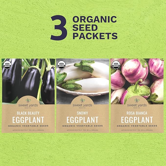 Organic Eggplant Seeds Variety Pack - 3 Individual Packs - 2026 Season - Black Beauty, Rosa Bianca and Snowy Eggplant! for Indoor & Outdoor Planting (Non-GMO, Certified Organic)