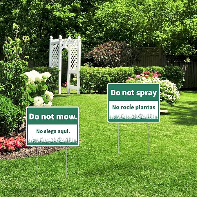 Suzile 6 Pcs Do Not Mow Do Not Spray Do Not Trim Yard Sign with Metal Stakes Bilingual Plant Signs 11.81 x 15.75 Inch Double Sided Corrugated Plastic Garden Markers for Lawn Garden Plants