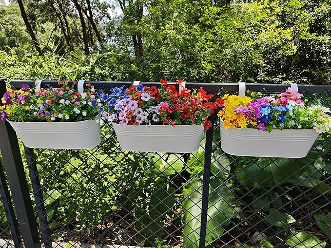 3 Pcs Large Balcony Planters Railing Hanging Flower Pots- 16.2 Inch Metal Railing Planter Box Fence Planters for Outdoor Plants with Detachable Hooks and Drain Holes for Garden Decor (White-16.2inch)