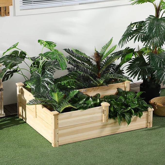 Outsunny 3 Tier Raised Garden Bed, Outdoor Planter Box, Wooden Garden Box with Open Bottom for Growing Vegetables, Herbs, Flowers, 42.5" x 34.75" x 14.25", Natural