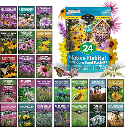 Native Wildflower Seeds for Planting 24 Variety Pack – Perennial & Annual North American Flowers for Butterfly & Bee-Friendly Pollinator Gardens – Non-GMO Heirloom – Survival Garden Seeds