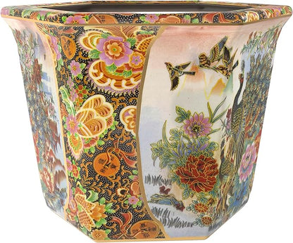 Red Lantern 10" Porcelain Flower Pot, Satsuma Ladies & Peacock
