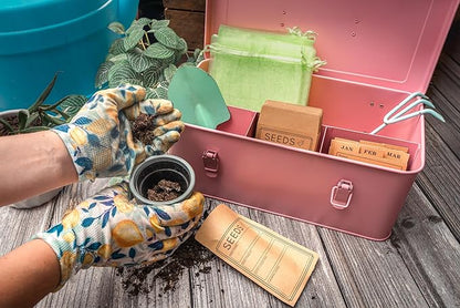 Seed Storage Organizer –Waterproof Metal Seed Box with Storage Bags, Dividers, 4 Compartments with Lid and Safety Locks , Portable Side Handles, Perfect for Garden Seeds, Lables & Tools -Matte Pink
