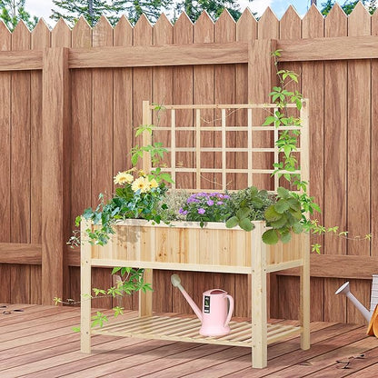 Outsunny 47'' Wooden Raised Garden Bed with Trellis, Coutryside Style Elevated Planter Box Stand with Open Storage Shelf, Spacious Planting Area for Vegetables, Herbs, Flowers