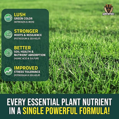 PetraMax Neighbor’s Envy Grass Fertilizer for Lawn & Garden, 4 Gallon Covers up to 64,000 sq.ft. 7-in-1 Liquid Lawn Fertilizer Concentrate for Deep Green Turf - Includes Nitrogen/Iron/Humic/Sea Kelp