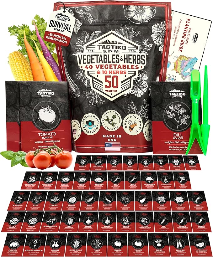 50 Tactiko Survival Vegetable, Herb & Fruit Seed Kit - U.S.A. Harvested Varieties - Over 35,000 Non-GMO Heirloom Seeds - Emergency Seed Vault in Waterproof Mylar Bag - Long-Term Storage