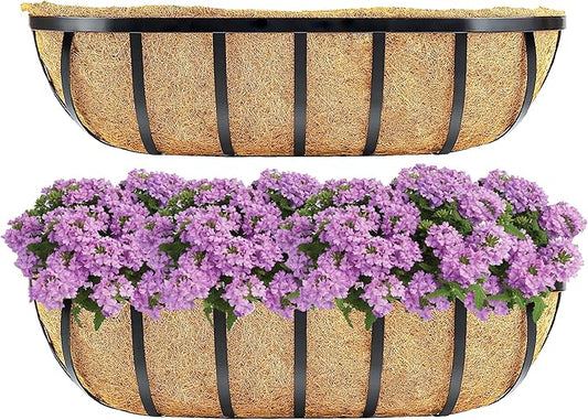 Y&M 2pcs 24 Inch Window Deck with Coco Liner, 24" Window Boxes Horse Trough with Coconut Coir Liner, Black Metal Hanging Flower Planter Window Basket Deck Railing Planter Boxes for Outdoor Indoor