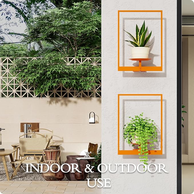 Orange Metal Wall Plant Holder - 3-Pack Wall Mounted Plant Stands and Hanging Holders for Indoor Planter and Flower Pot -Rectangle Decor Shelf for Plant Storage (Pot Not Included)
