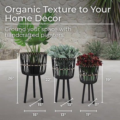 Set of 3 Woven Basket Decorative Planter Pot – Bamboo & Pine Wood Outdoor & Indoor Plant Pot – Modern Boho Garden and Home Decor Planters – 19", 23", & 26", Black