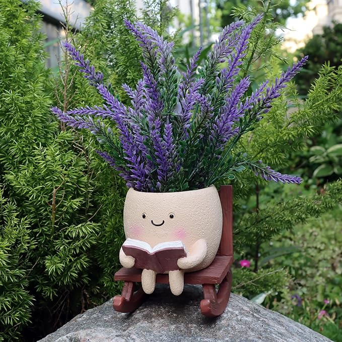 Cute Face Planters Succulent Pots, Funny Rocking Chair Reading Head Flower Planter Cactus Pot with Drainage Hole for Indoor Outdoor Plants, Unique Plant Lover Gifts