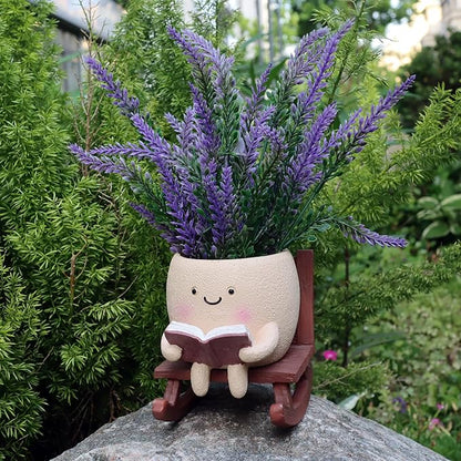 Cute Face Planters Succulent Pots, Funny Rocking Chair Reading Head Flower Planter Cactus Pot with Drainage Hole for Indoor Outdoor Plants, Unique Plant Lover Gifts