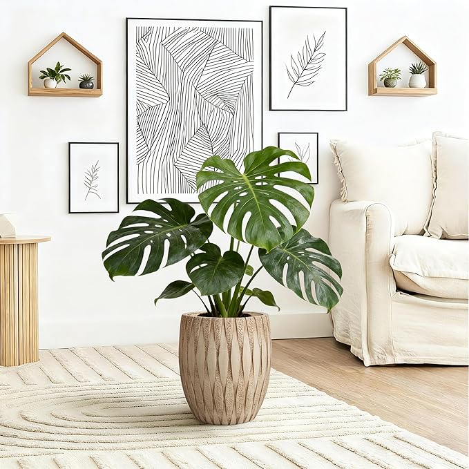 12" H x 9" Dia Weathered Concrete Planter, Large Indoor Outdoor Decorative Flower Pot with Drainage Hole, Modern Round Design for Home, Garden (Small)