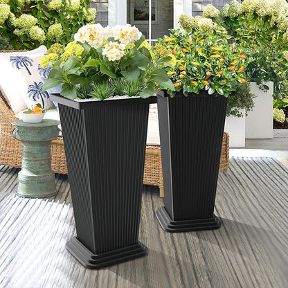 Set of 4 24" Tall Plastic Planters with Trays, Large Tapered Plant Pots for Indoor Outdoor Use, Modern Decorative Planters for Porch, Patio, Garden, and Backyard