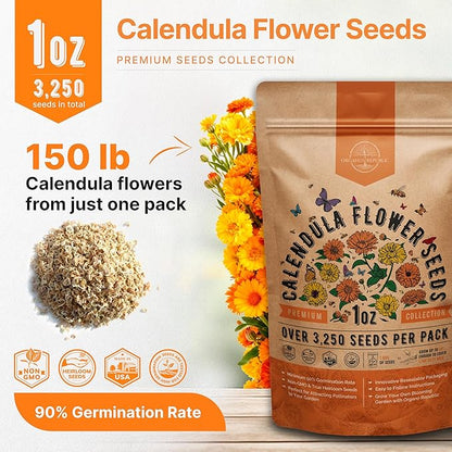 Calendula Seeds Pack 1 oz - Over 3,250 Non-GMO Heirloom Calendula Seeds for Planting Indoor & Outdoor Gardening, Flower Seed for Planting Home and Garden, Flowers Seed in Individual Packet
