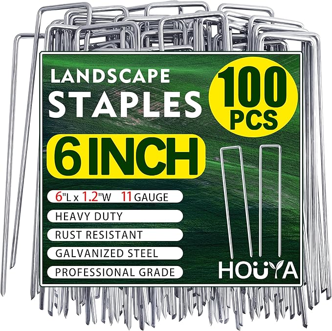 100 PCS Landscape Staples 6 Inch Galvanized Garden Stakes Garden Staples Pins Anti-Rust Ground Stakes for Weed Barrier, Irrigation Hose, Yard Lawn SOD, Landscape Fabric, Decor 6"L x1.2"W 100pcs