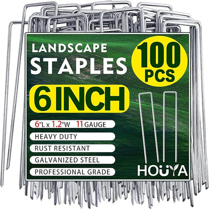 100 PCS Landscape Staples 6 Inch Galvanized Garden Stakes Garden Staples Pins Anti-Rust Ground Stakes for Weed Barrier, Irrigation Hose, Yard Lawn SOD, Landscape Fabric, Decor 6"L x1.2"W 100pcs